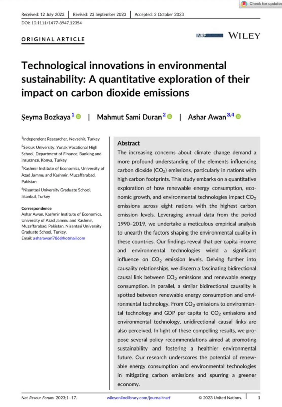 Doç. Dr. Mahmut Sami DURAN’ ın “Technological innovations in environmental sustainability: A quantitative exploration of their impact on carbon dioxide emissions” isimli makalesi